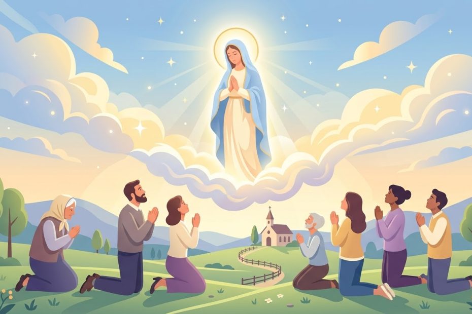 Primo Giorno: Apparizione e Chiamata alla Preghiera - una figura luminosa mariana che appare nel cielo a un gruppo di oranti inginocchiati